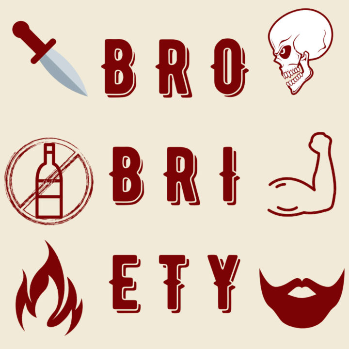 "Brobriety" Cartoons of knife, skull, muscular arm, fire, beard, and bottle with a crossed out symbol