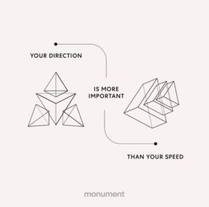 "Move at your own pace: “Your direction is more important than your speed.” -Richard L. Evans " with two geometric shapes seen at different angles