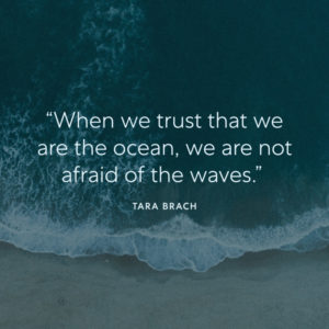"“When we trust that we’re the ocean, we’re not afraid of the waves” -Tara Brach" with image of waves breaking on sand