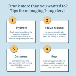 Title: "Drank more than you wanted to? Tips for managing 'hangxiety':" Four white boxes with yellow circles with numbers. "1. Hydrate. Drink water to address the negative effects of dehydration and other physical hangover symptoms." "2. Move around. Increase endorphins by doing a physical activity like exercise, hiking, or walking." "3. De-stress. Combat anxiety and low serotonin with calming activities like yoga and meditation." "4. Rest. Alcohol negatively affects sleep quality, so getting adequate rest after drinking is very important." 