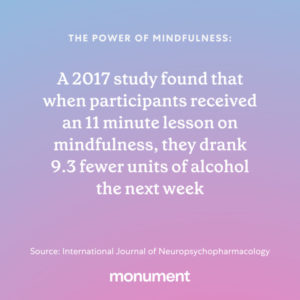 Purple and pink gradient background. "The power of mindfulness:" "A 2017 sutdy found that when participants received an 11 minute lesson on mindfulness, they drank 9.3 fewer units of alcohol the next week. Source: International Journal of Neuropsychopharmacology" 