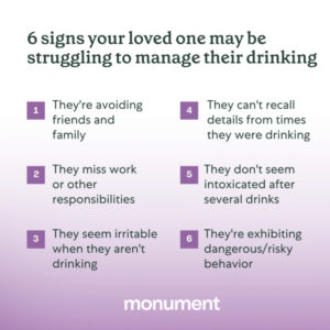purple gradient graphic. "6 signs your loved one may be struggling to manage their drinking. 1. they're avoiding friends and family. 2. they miss work or other responsibilities. 3. They seem irritable when they aren't drinking. 4. They can't recall details from times they were drinking. 5. They don't seem intoxicated after several drinks. 6. They're exhibiting dangerous/risky behavior