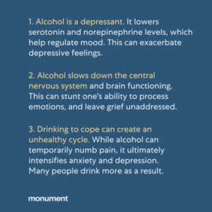 1. Alcohol is a depressant. It lowers serotonin and norepinephrine levels, which help regulate mood. This can exacerbate depressive feelings. 2. Alcohol slows down the central nervous system and brain functioning. This can stunt one's ability to process emotions, and leave grief unaddressed. 3. Drinking to cope can create an unhealthy cycle. While alcohol can temporarily numb pain, it ultimately intensifies anxiety and depression. Many people drink more as a result. 