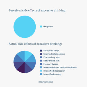 Pie chart with one teal color titled "Perceived side effects of excessive drinking" Teal color is labeled: "hangovers" vs pie chart split into many colors titled: "Actual side effects of excessive drinking:" Many shades of blue, each with label: "Disrupted sleep, strained relationships, productivity loss, dehydrated skin, memory lapses, Increased risk of health conditions, Intensified depression, Intensified anxiety"