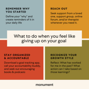 Large white box: "What to do when you feel like giving up on your goal: remember why you started." Blue box: "Remember why you started: Define your "why" and create reminders of it in your daily life." Orange box: "Reach out: Seek support from a loved one, support group, online forum, and/or therapist whenever you need it." Red box: "Stay organized & accountable: Download a goal tracking app, call your accountability buddy, and seek out encouraging books & podcasts." Green box: "Recognize your growth style: Reflect: What has worked for me in the past? What action can I take based on those learnings?" Monument logo at bottom.