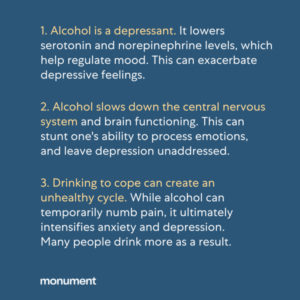 1. Alcohol is a depressant. It lowers serotonin and norepinephrine levels, which help regulate mood. This can exacerbate depressive feelings. 2. Alcohol slows down the central nervous system and brain functioning. This can stunt one's ability to process emotions, and leave depression unaddressed. 3. Drinking to cope can create an unhealthy cycle. While alcohol can temporarily numb pain, it ultimately intensifies anxiety and depression. Many people drink more as a result.
