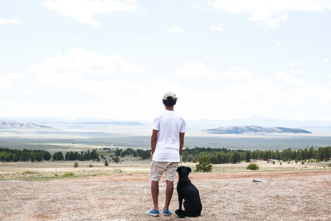 Man with dog looking at mountains