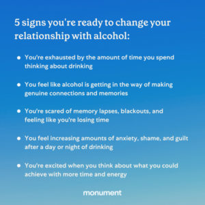 "5 signs you're ready to change your relationship with alcohol: you're exhausted by the amount of time you spend thinking about drinking, you feel like alcohol is getting in the way of making genuine connections and memories, you're scared of memory lapses, blackouts, and feeling like you're losing, you feel increasing amounts of anxiety, shame, and guilt after a day or night of drinking, you're excited when you think about what you could achieve with more time and energy"