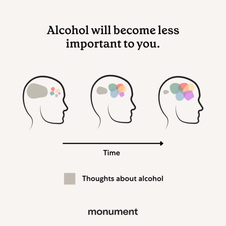 "Alcohol will become less important to you" Diagram of a brain, with a portion labeled "thoughts about alcohol" getting smaller over time