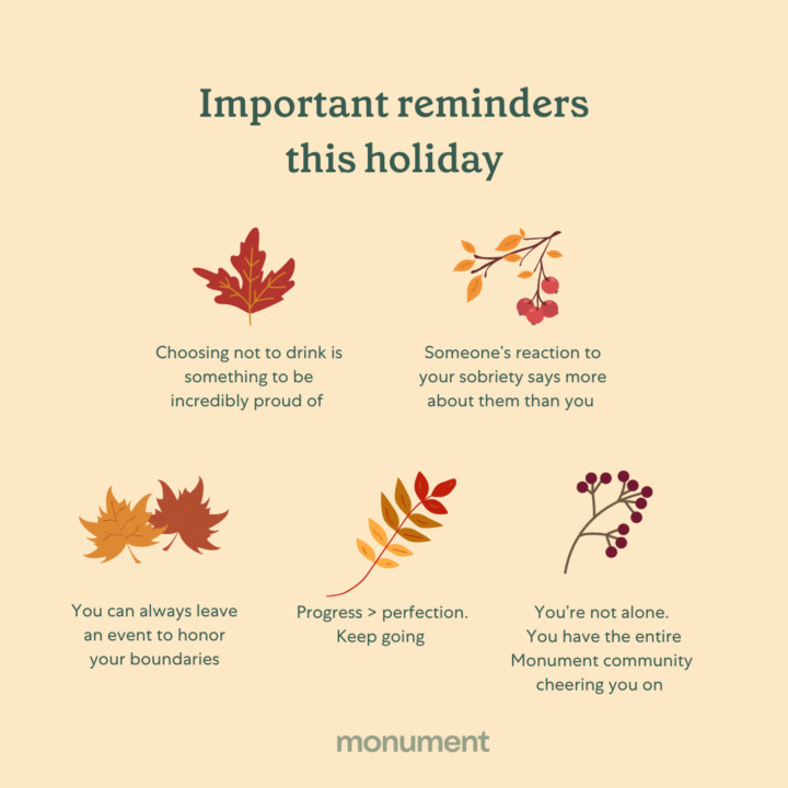 "Important reminders this holiday: choosing not to drink is something to be incredibly proud of, someone's reaction to your sobriety says more about them than you, you can always leave an event to honor your boundaries, progress>perfection. Keep going, You're not alone. You have the entire Monument community cheering you on"