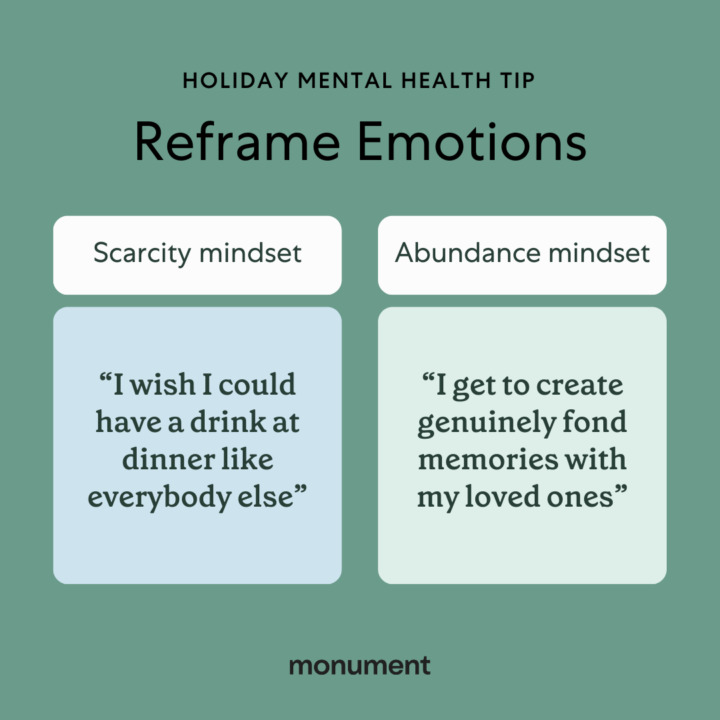 "holiday mental health tip. Reframe emotions: scarcity mindset: 'I wish I could have a drink at dinner like everybody else' abundance mindset: 'I get to create genuinely fond memories with my loved ones'"