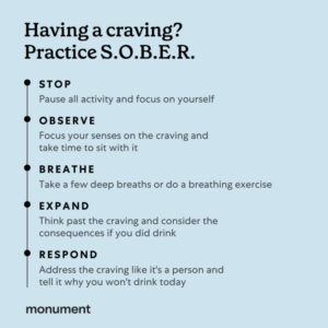 "having a craving? Practice S.O.B.E.R. Stop: pause all activity and focus on yourself. Observe: Focus your senses on the craving and take time to sit with it. Breathe: Take a few deep breaths or do a breathing exercise. Expand: think past the craving and consider the consequences if you did drink. Respond: address the craving like it's a person and tell it why you won't drink today." 