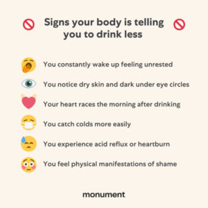 "Signs your body is telling you to drink less: you constantly wake up feeling unrested, you notice dry skin and dark under eye circles, your heart races the morning after drinking, you catch colds more easily, you experience avid reflux or heartburn, you feel physical manifestations of shame"