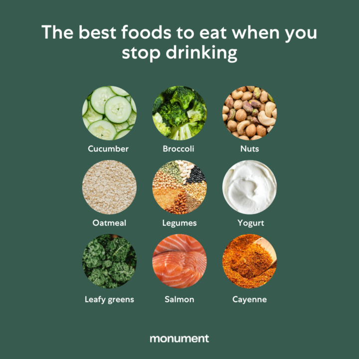 "The best foods to eat when you stop drinking: cucumber, broccoli, nuts, oatmeal, legumes, yogurt, leafy greens, salmon, cayenne"