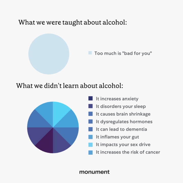 "What we were taught about alcohol: Too much is 'bad for you'. What we didn't learn about alcohol: it increases anxiety, it disorders your sleep, it causes brain shrinkage, it dysregulates hormones, it can lead to dementia, it inflames your gut, it impacts your sex drive, it increases the risk of cancer"
