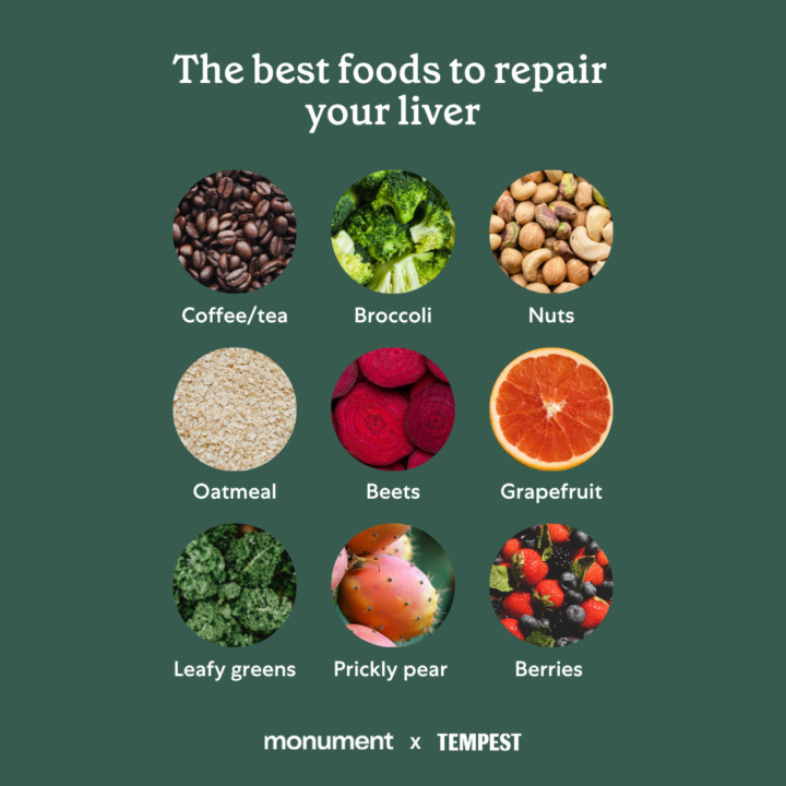 "The best foods to repair your liver: coffee/tea, broccoli, nuts, oatmeal, beets, grapefruit, leafy greens, prickly pear, berries"